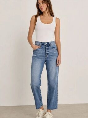 Pistola Cassie Button Fly Distressed Straight Jeans in Medium Wash - Size 27